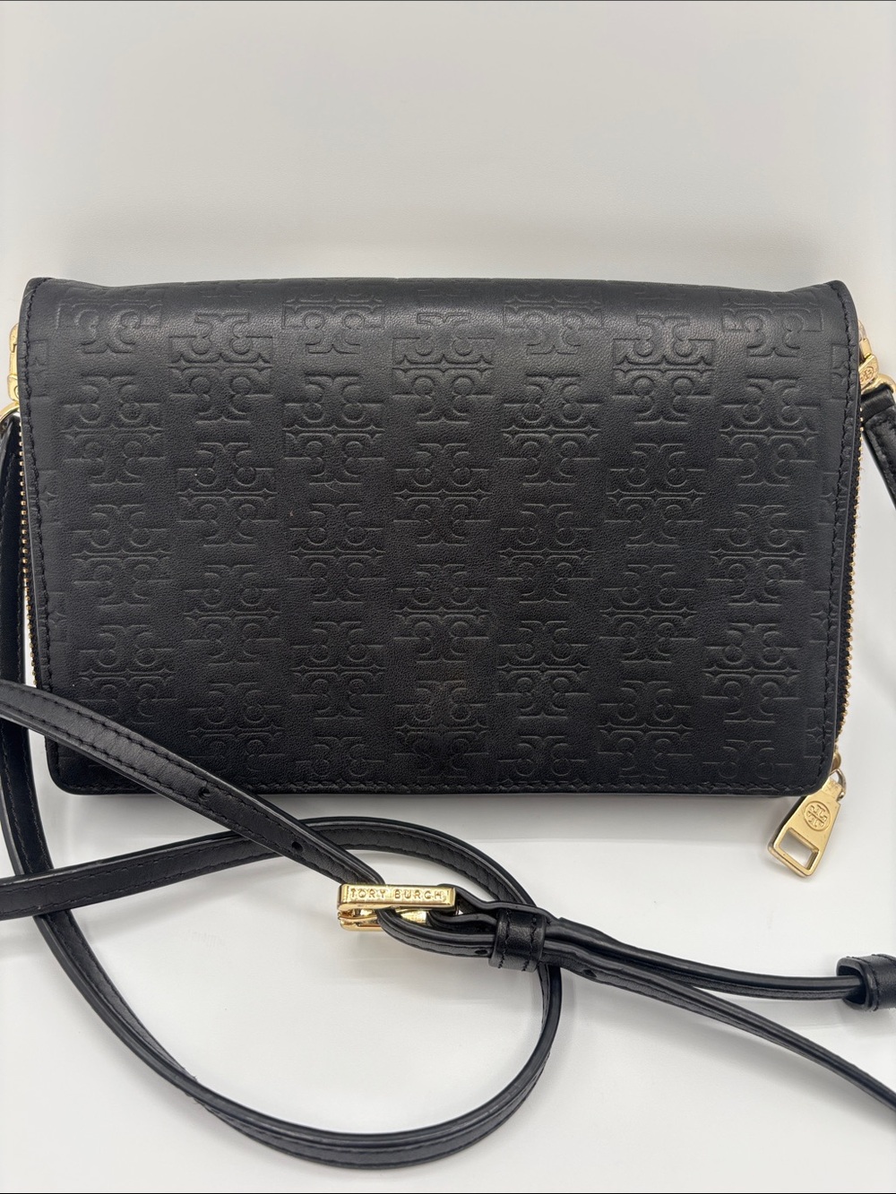Tory Burch Black Embossed Leather Crossbody with Gold Accent